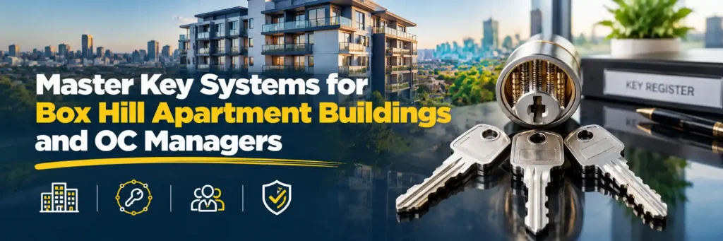 Master key system with multiple keys and lock cylinder for Box Hill apartment buildings and OC managers
